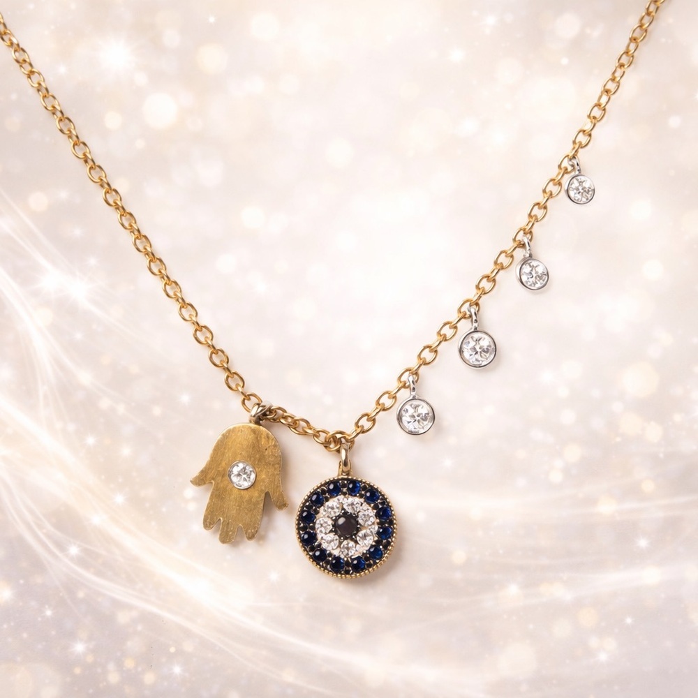 Meira T Yellow Gold 14k Diamond + Sapphire Necklace with Hamsa and Evil Eye 18"